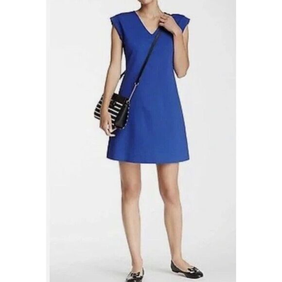 Kate Spade Women 0 Ponte Knit Mini Sheath Dress Blue Stretchy V Neck Cap Sleeves - Picture 2 of 9